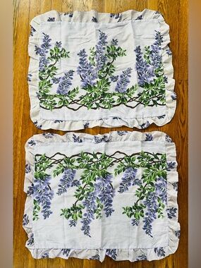 Vtg Pillow Shams Purple Wisteria Floral Linen Ruffle Cottagecore Lavender 90s
